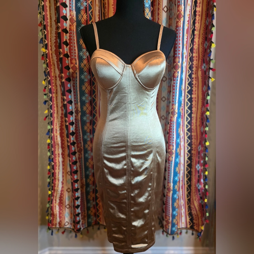Champagne Satin Bodycon Bustier Dress - Size M